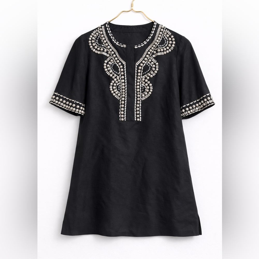 Elie Tahari Beaded Tunic Top M Black Linen Viscose Boho Resort Designer